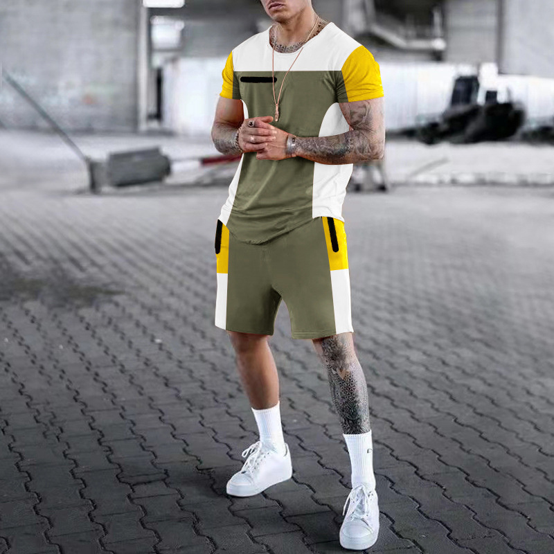 Costume d'été T-shirt à manches courtes col rond décontracté patchwork couleur contrastée ensemble deux pièces pour hommes_voghion.com