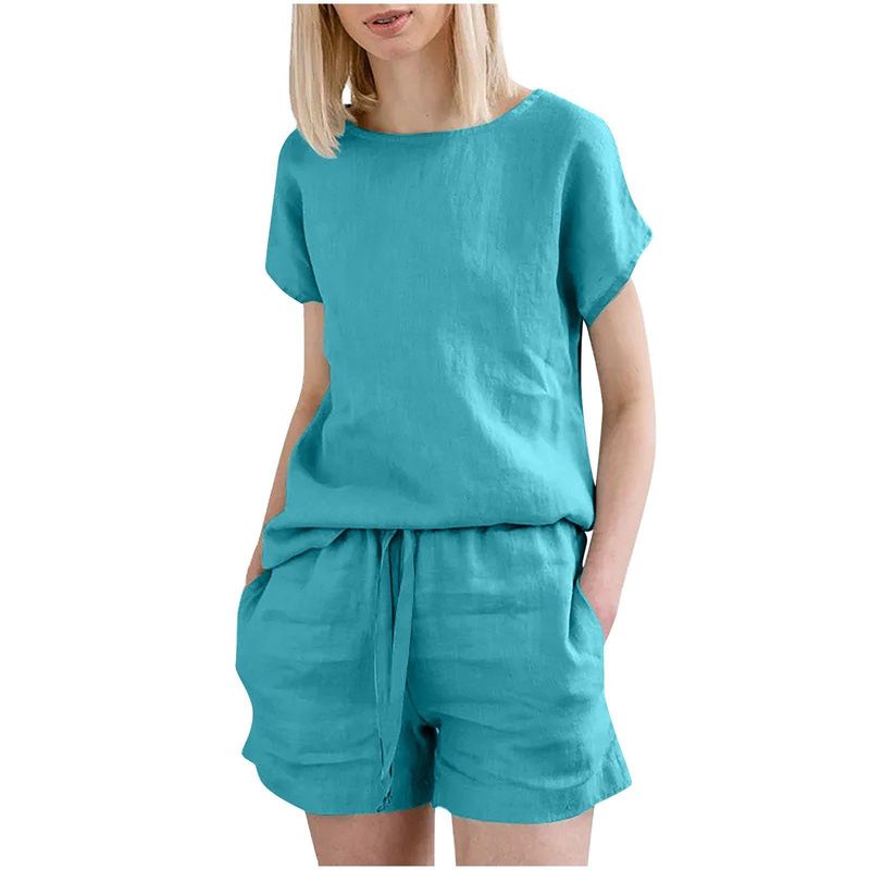 Tuta da donna con maniche corte, in cotone e lino, stile retrò, casual, tinta unita, con coulisse e pantaloncini._voghion.com