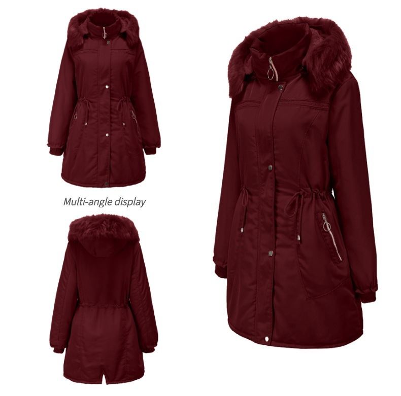 high-end women's cotton fleece mid-length black large size hooded cotton jacket warm fleece coat_voghion.com