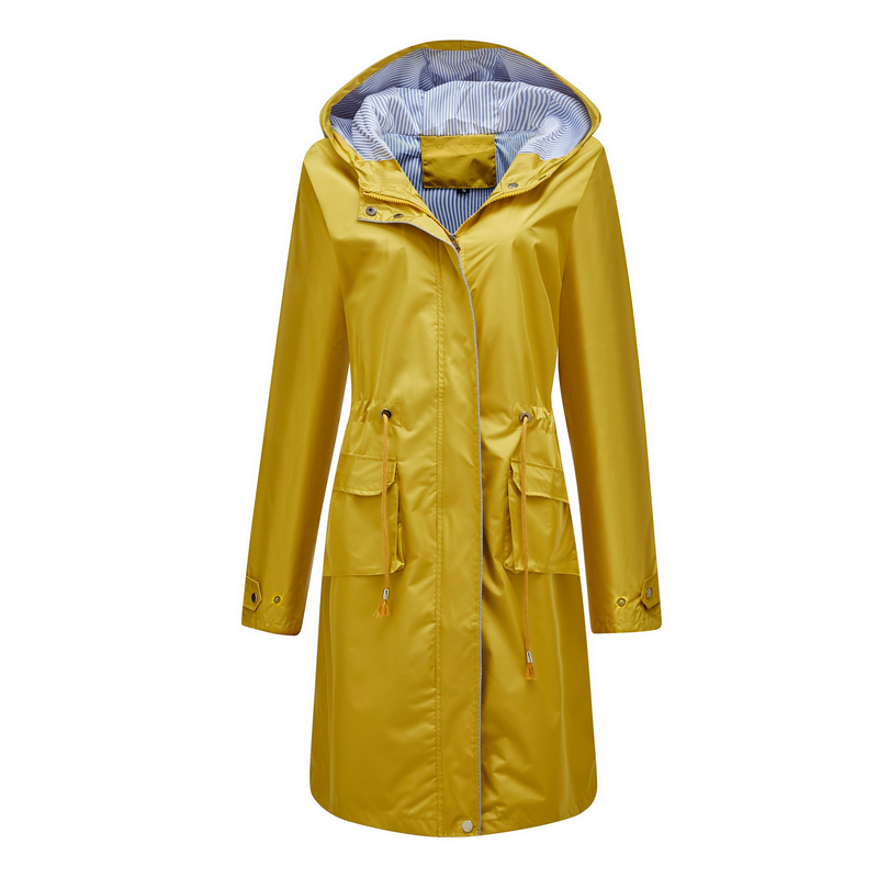 Trench casual da donna K Long con cappuccio, impermeabile, tinta unita con fodera a righe, cappotto dritto._voghion.com