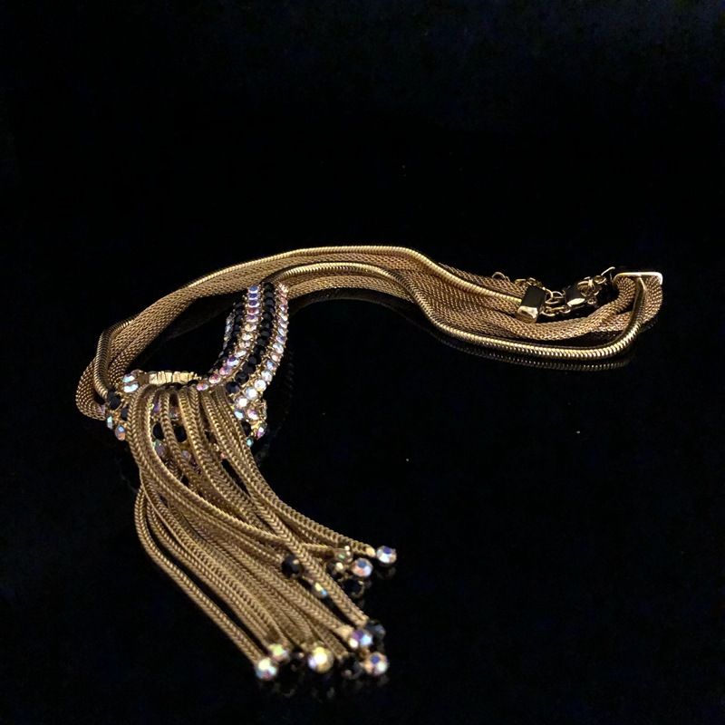 Vintage necklace earrings set multi-strand chain studded with diamond knotted tassels sweater chain earrings_voghion.com