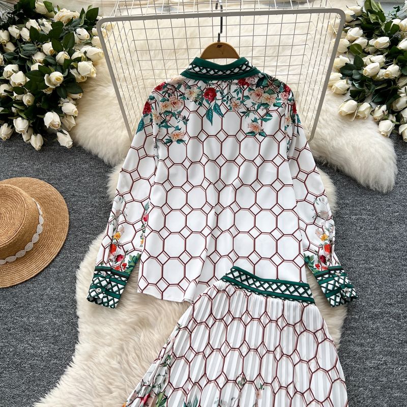 Abito da donna alla moda, stampa a colori a contrasto retrò, camicia a maniche lunghe + gonna a pieghe a vita alta_voghion.com