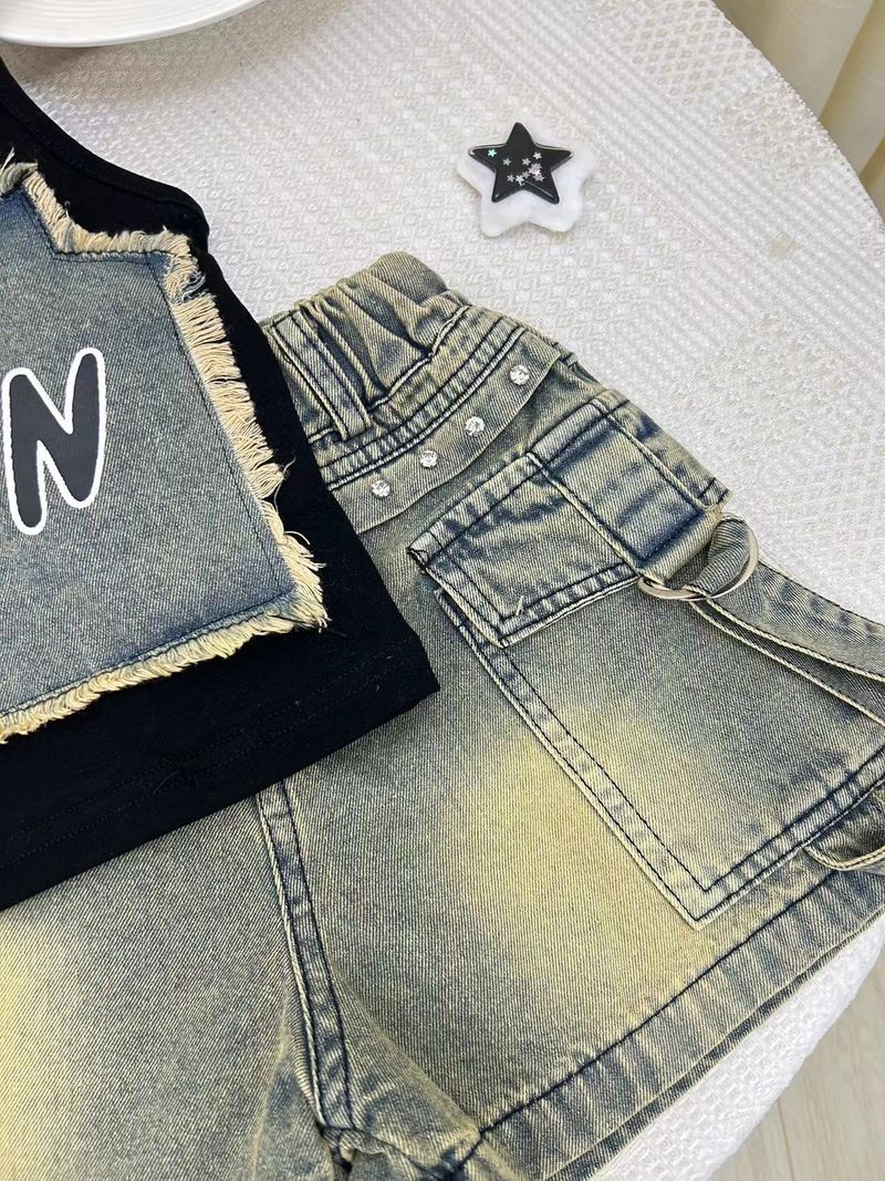 Kid's Clothing 2025 Summer New Fashionable Girls Stitching Printed Vest Plus Heavy Denim Shorts_voghion.com