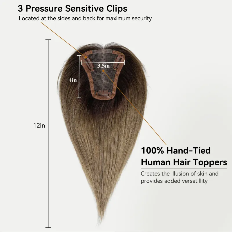 Topper per capelli umani Ombre Brown per donne con capelli diradati Topper per capelli umani Remy con base in pizzo 3 clip pezzi per capelli 12 pollici_voghion.com