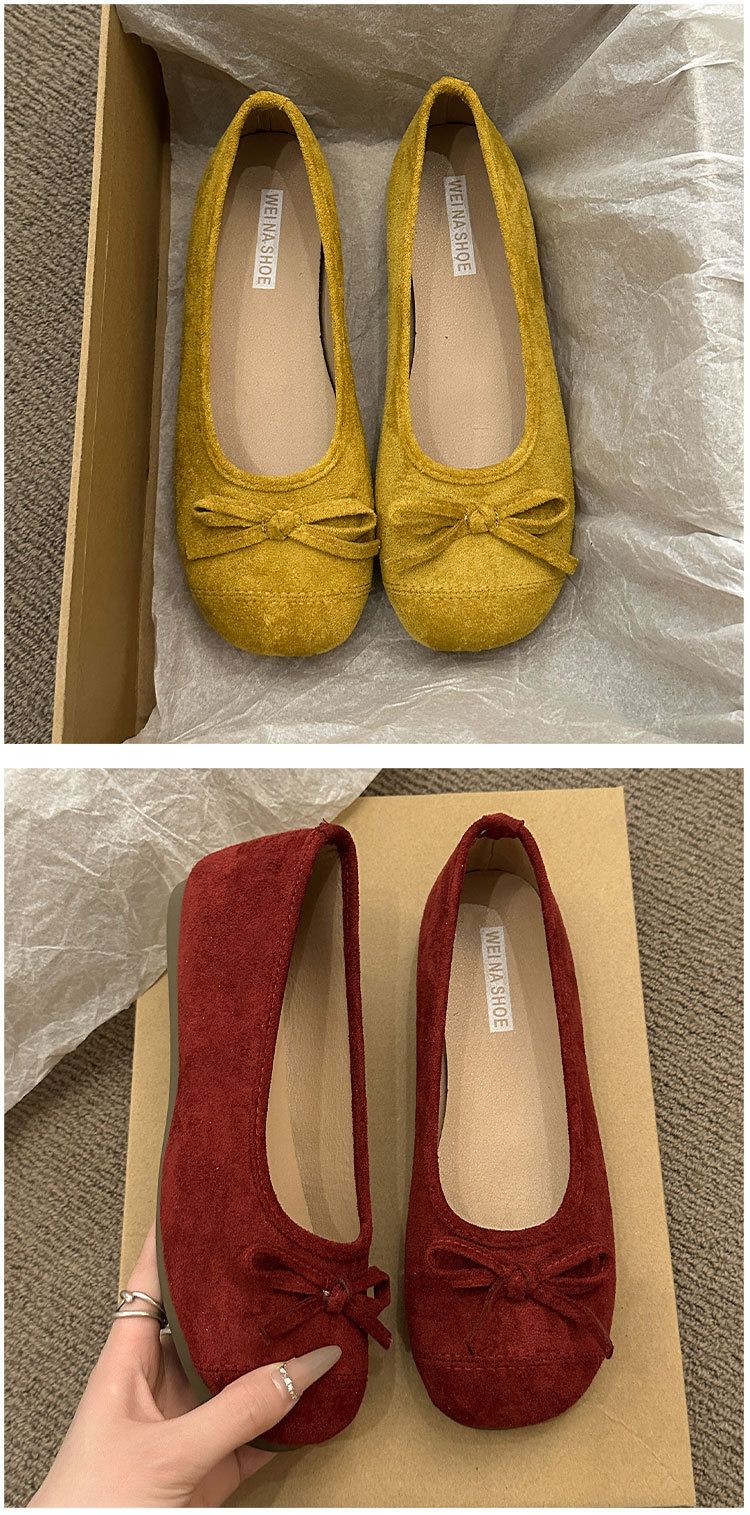 Retro Ballet Flat-soled Red Light-mouth Single Shoes Women's Suede Gentle Soft-soled Doudou Shoes One-pedal Ladyshoes_voghion.com