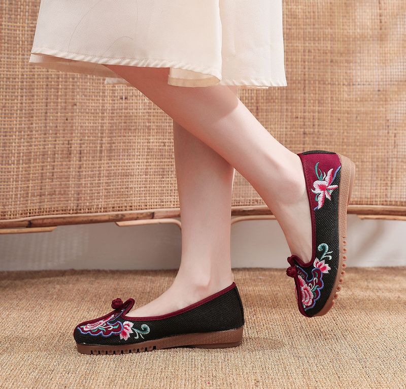 Flache Kuhsehnen-Weichsohlen, bestickte Stoff-Mama-Schuhe, dicke Füße, Damen-Einzelschuhe_voghion.com