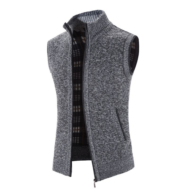 Chaleco de punto grueso con forro polar, cuello vertical y corte ajustado para hombre. Talla grande. Suéter informal a la moda._voghion.com