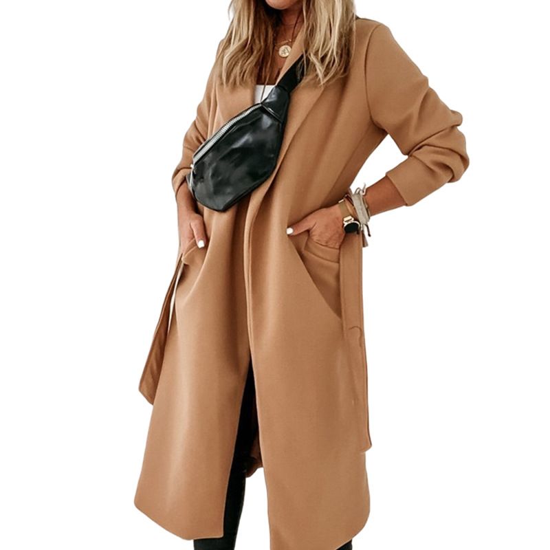 Eleganter langer Wollmantel für Damen – Trenchcoat in Übergröße mit Gürtel, Bürokleidung, Herbst-Winter-Mode_voghion.com