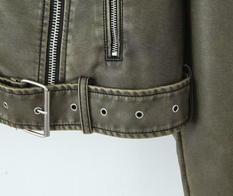 Giacca in similpelle vintage da donna – Cappotto oversize in PU con effetto slavato, stile biker streetwear con cerniera (grigio/verde militare/nero, S-L)_voghion.com