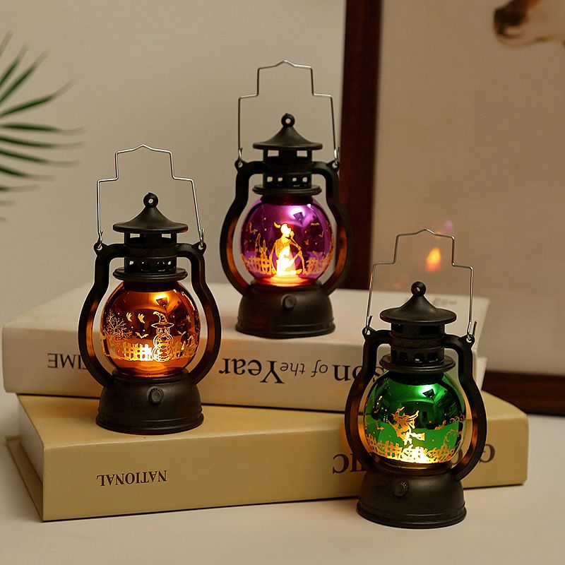 Vintage Halloween Laser Pumpkin Lantern - Witch, Skull & Pumpkin Design, Decorative LED Oil Lamp For Party, Bar & Home Decor_voghion.com