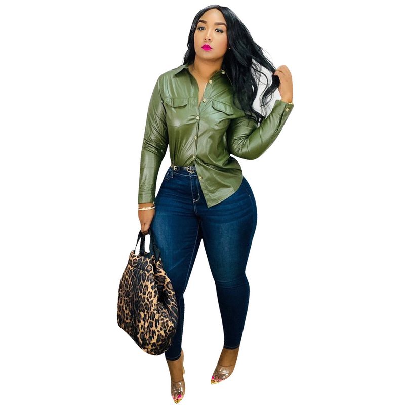 Maglietta a maniche lunghe in PU casual alla moda da donna_voghion.com