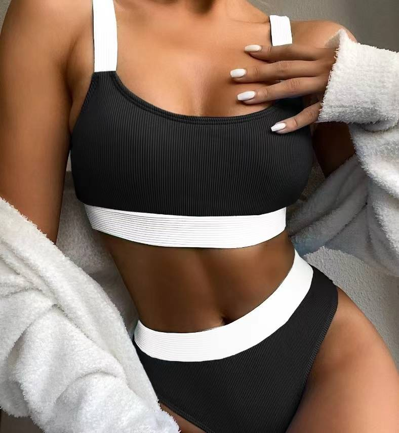 2024 New Thread Pit Stripe Fabric Bikini Donna Color Block Costumi da bagno divisi Costumi da bagno multicolori a vita alta_voghion.com