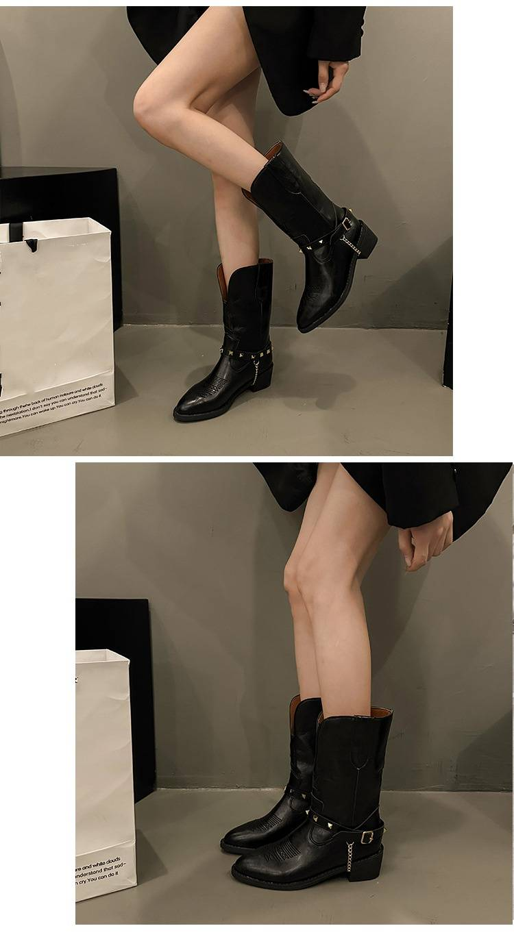 Retro-Western-Cowboystiefel im britischen Stil mit spitzen Absätzen für Damen im Herbst 2024, neue Ärmel, V-Ausschnitt, schlankmachender Blockabsatz, mittelhohe Stiefel_voghion.com