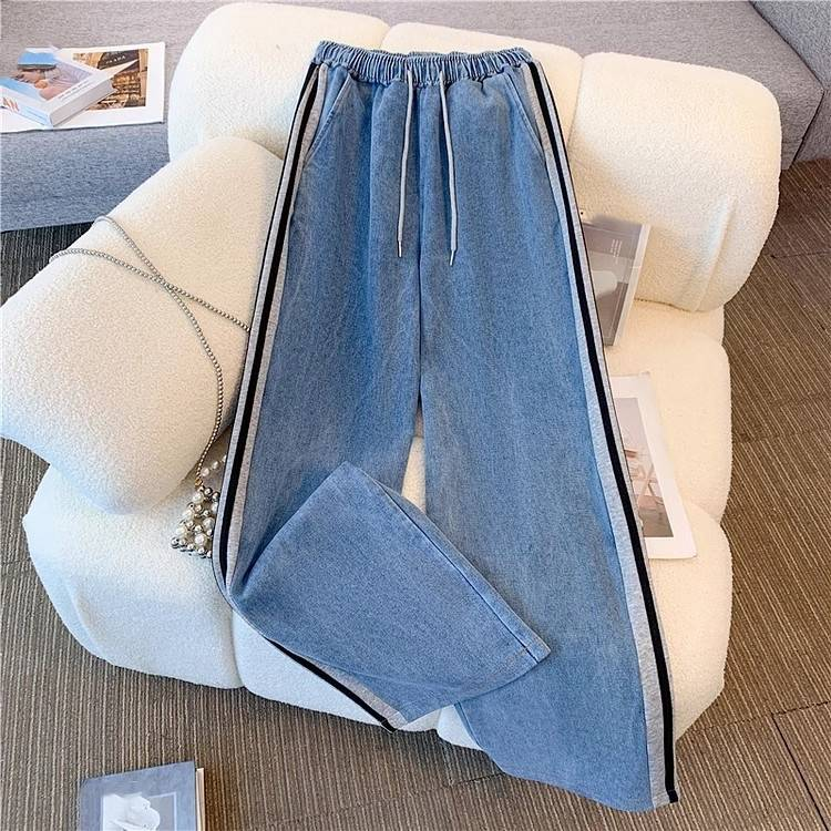 Dametøj Mode lynlås Todelt langærmet jakkesæt til piger Forår og efterår Nye denim splejsningstoppe Bukser med brede ben_voghion.com