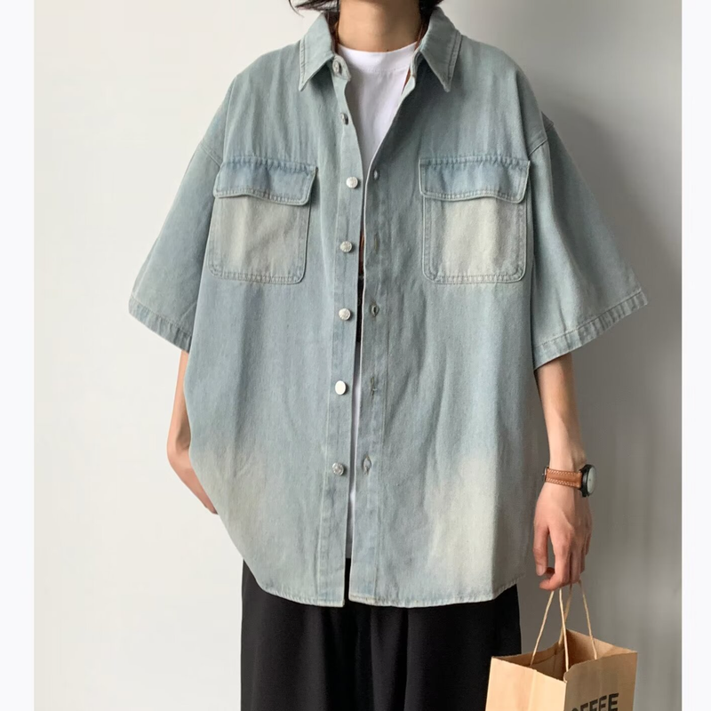 Camicia da lavoro retrò alla moda, a maniche corte, con tasca, lavata estiva, da uomo_voghion.com