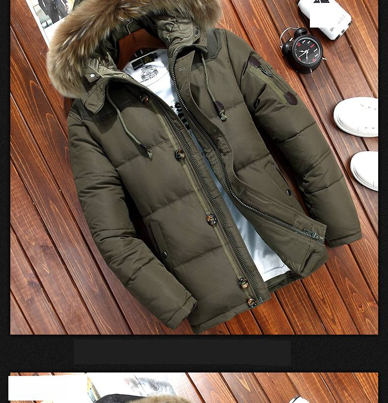 Kurze Daunenjacke für Herren mit abnehmbarem Pelzkragen, 600FP Wintermantel aus weißen Entenfedern für Stadt und Outdoor (Schwarz/Khaki/Armeegrün)_voghion.com