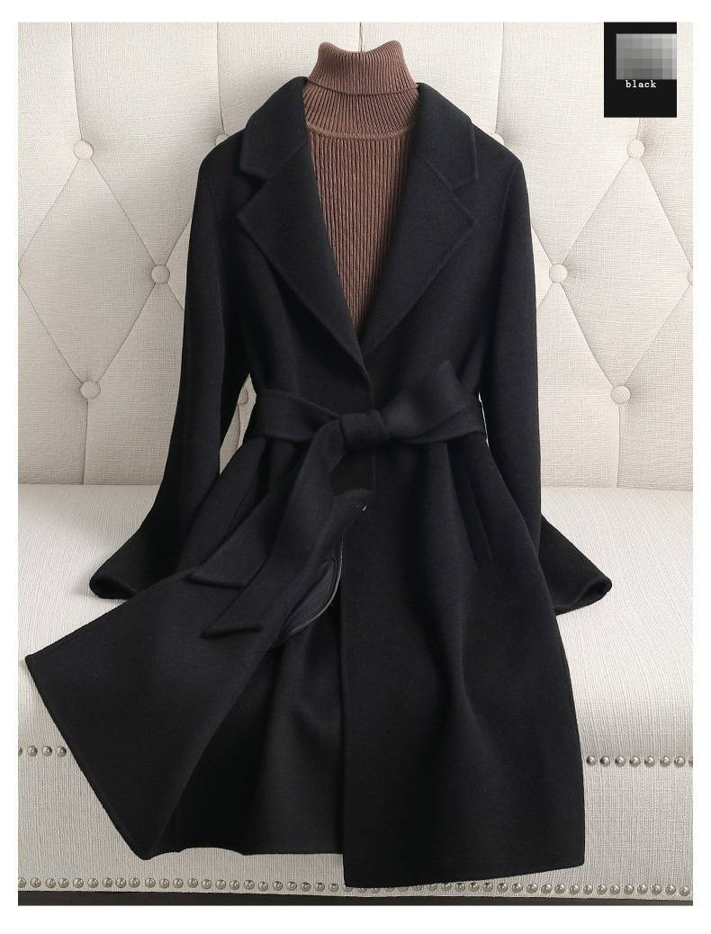 Luxury Double-Faced Wool Coat Women's Mid-Length Trench Coat For Petite Figure | Premium Cashmere Blend | Slim Fit With Belt | Office Elegance_voghion.com