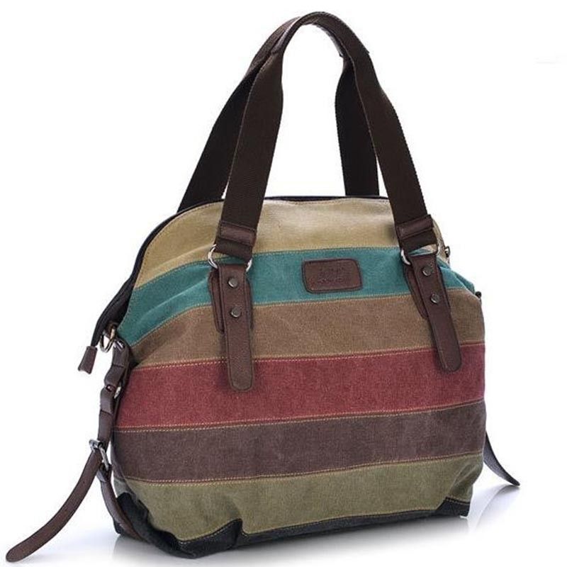 Borsa a mano da donna a righe in tela 2021 Borsa a tracolla casual femminile con tracolla patchwork arcobaleno moda Sac A Main_voghion.com