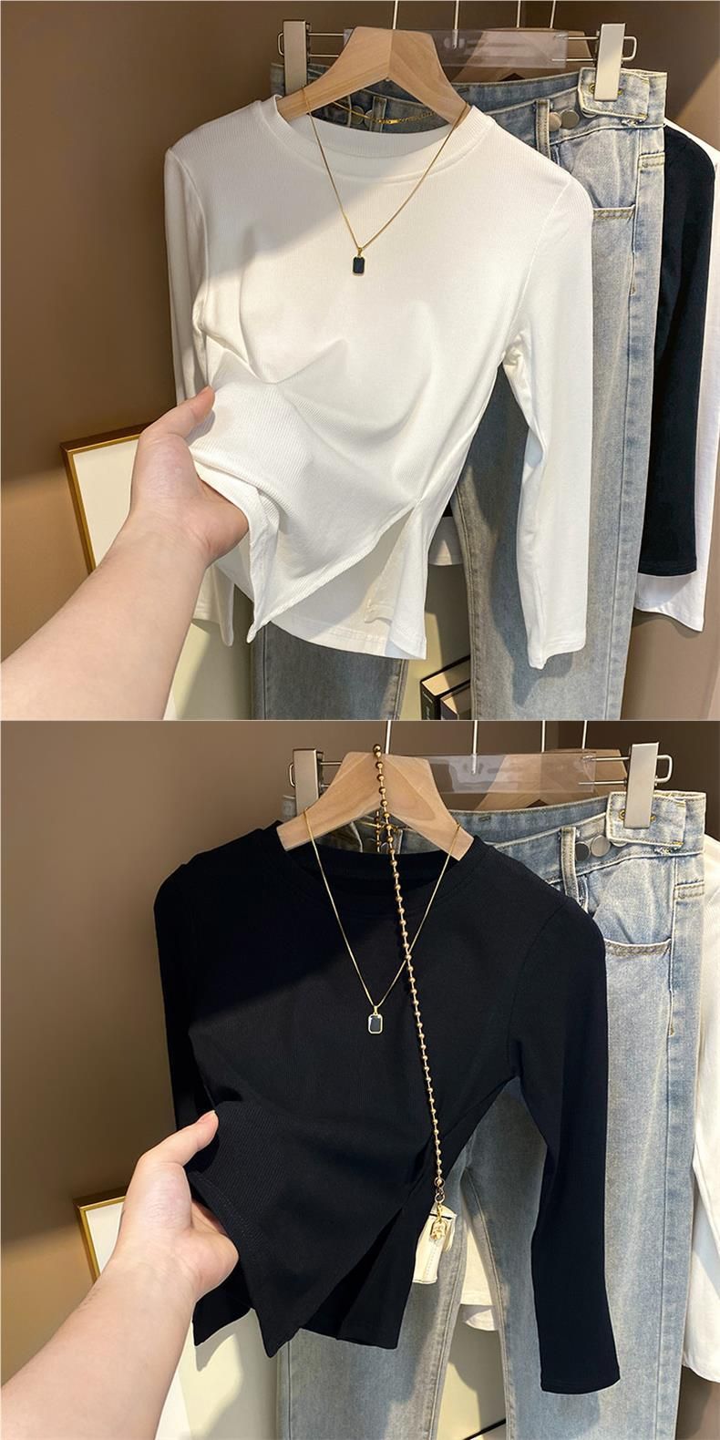 3304 # Camiseta de manga larga, camisa pequeña base de mujer, capa interior para 2023 nueva primavera y otoño color sólido irregular_voghion.com
