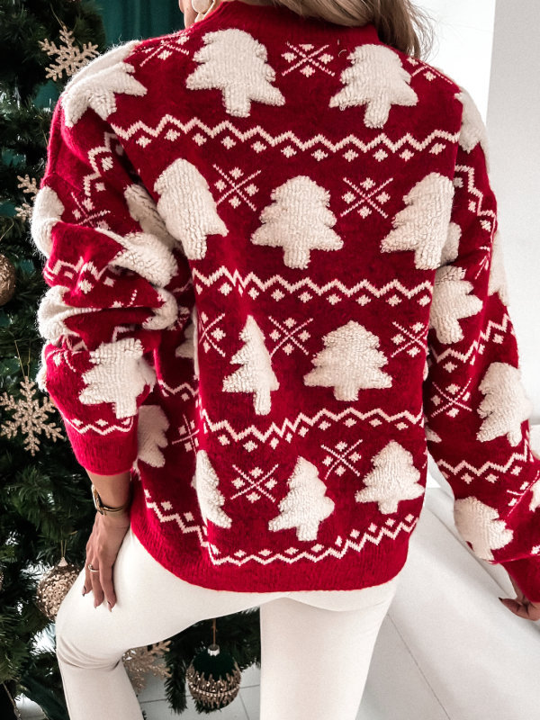 Pull de noël femme demi col serviette de noël brodé pull femme manches longues_voghion.com