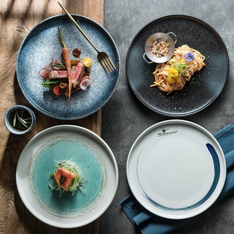 Assiette plate en céramique pour steak, style japonais, haut de gamme, usage commercial et domestique, couleur sous glaçure, pour dessert et poisson_voghion.com