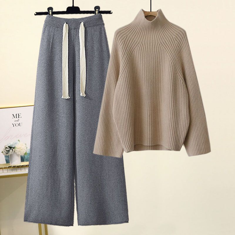 Women's Autumn Knit Sweater & Wide Leg Pants Set - Cozy Oversized Pullover With Flowy Trousers, Casual Loungewear Outfit For Fall_voghion.com