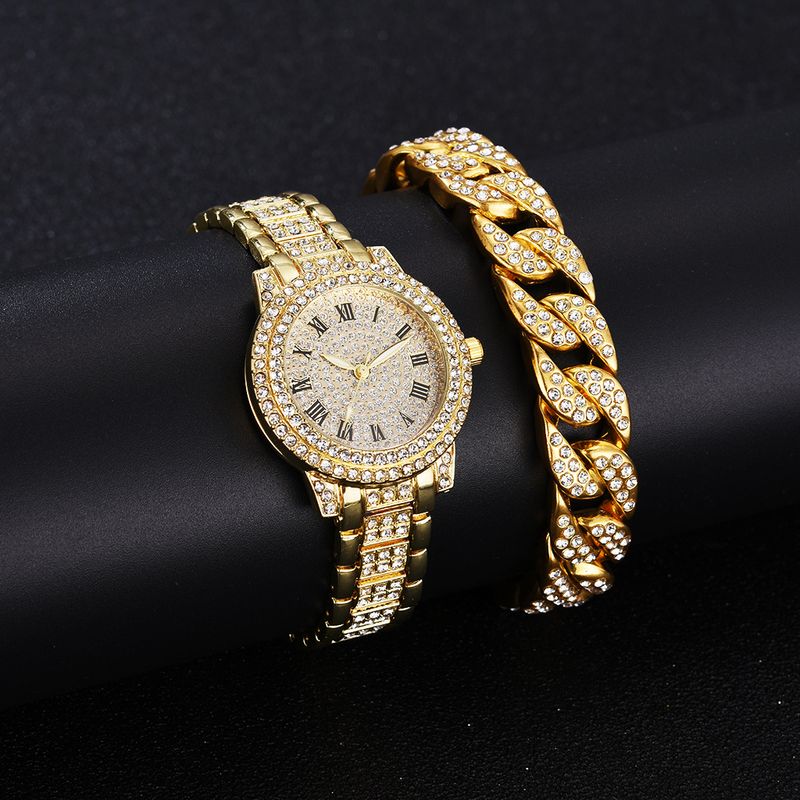 Volldiamant römische Ziffer Stahluhr für Frauen voller Sterne Temperament Business Quarzuhr Hip Hop Stil Volldiamant Armband Set_voghion.com