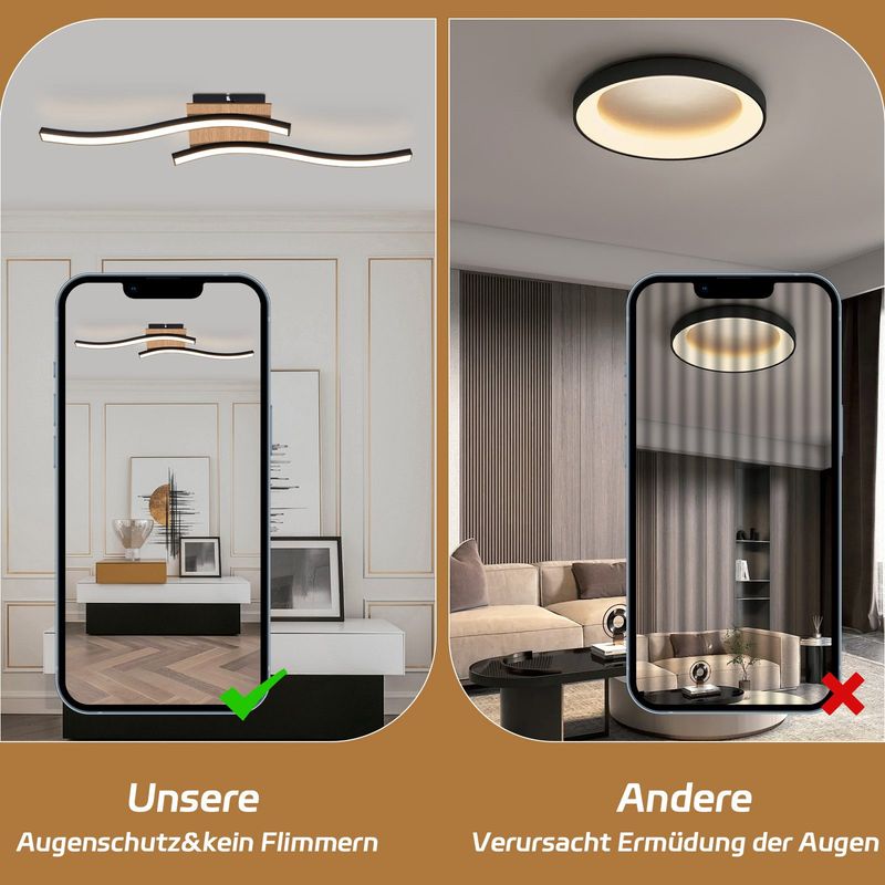 Glitzerlife Deckenlampe LED Deckenleuchte Küche - 12W Holz 3000K Warmweiß Modern Design Schlafzimmerlampe Schwarz Metall Küchenlampe_voghion.com