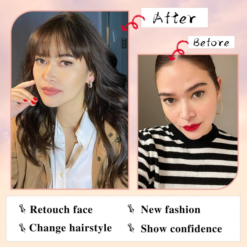 Clip in Bangs 100% Human Hair Extensions Medium Brown on Fringe with nice net Natural Flat neat Temples for_voghion.com