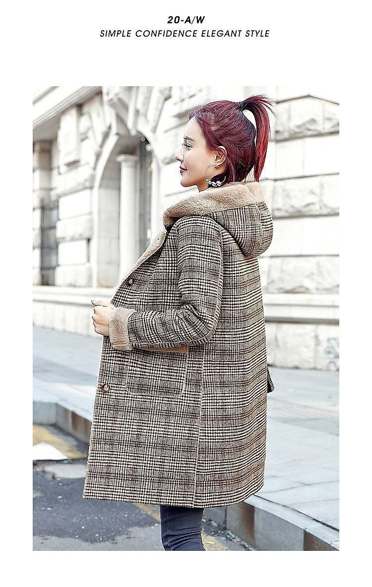 Damenbekleidung: Neue Winterkleidung für Damen, einteiliger, karierter Wollpelzmantel und dicker Samt, warm, mittellang, mit Kapuze_voghion.com