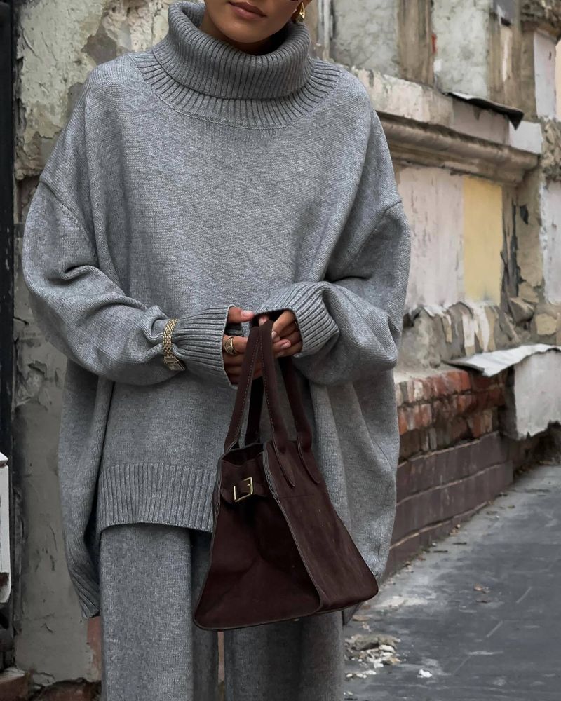 Elegant High-neck Sweater & Straight Leg Pants Set For Women Soft Gray Knitwear Comfortable & Stylish Outfit, Versatile Fall Winter Wardrobe Essential_voghion.com