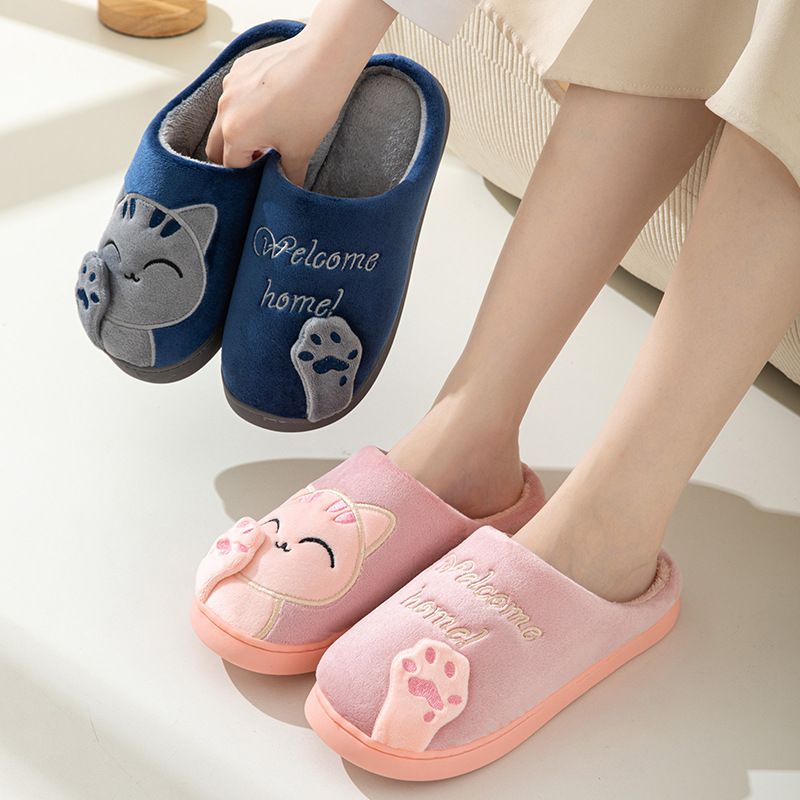 Comode pantofole in cotone felpato per uomo e donna, pantofole da casa antiscivolo con grazioso design a forma di gatto portafortuna, calde e confortevoli per inverno, autunno e primavera._voghion.com