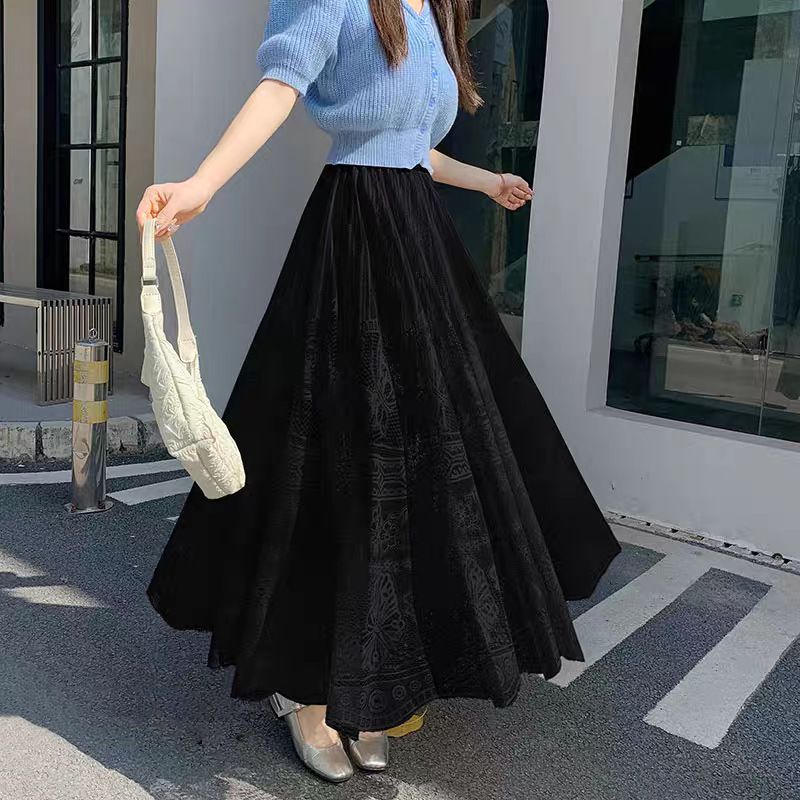 Elegante gonna midi in pizzo con ricamo floreale, gonna fluida a trapezio con orlo a strati in chiffon, perfetta per il guardaroba primaverile-estivo (nero/bianco/beige)_voghion.com