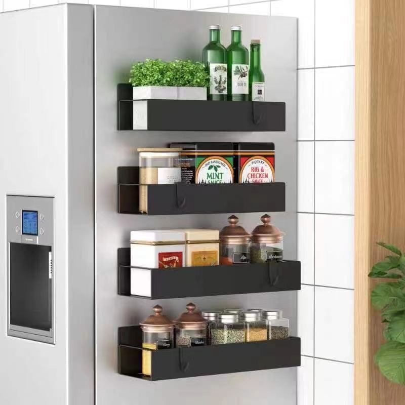 Magnetic Fridge Shelf Spice Storage Rack Refrigerator Side Shelf Black Iron Household Space Saving Kitchen Organizer Shelf_voghion.com
