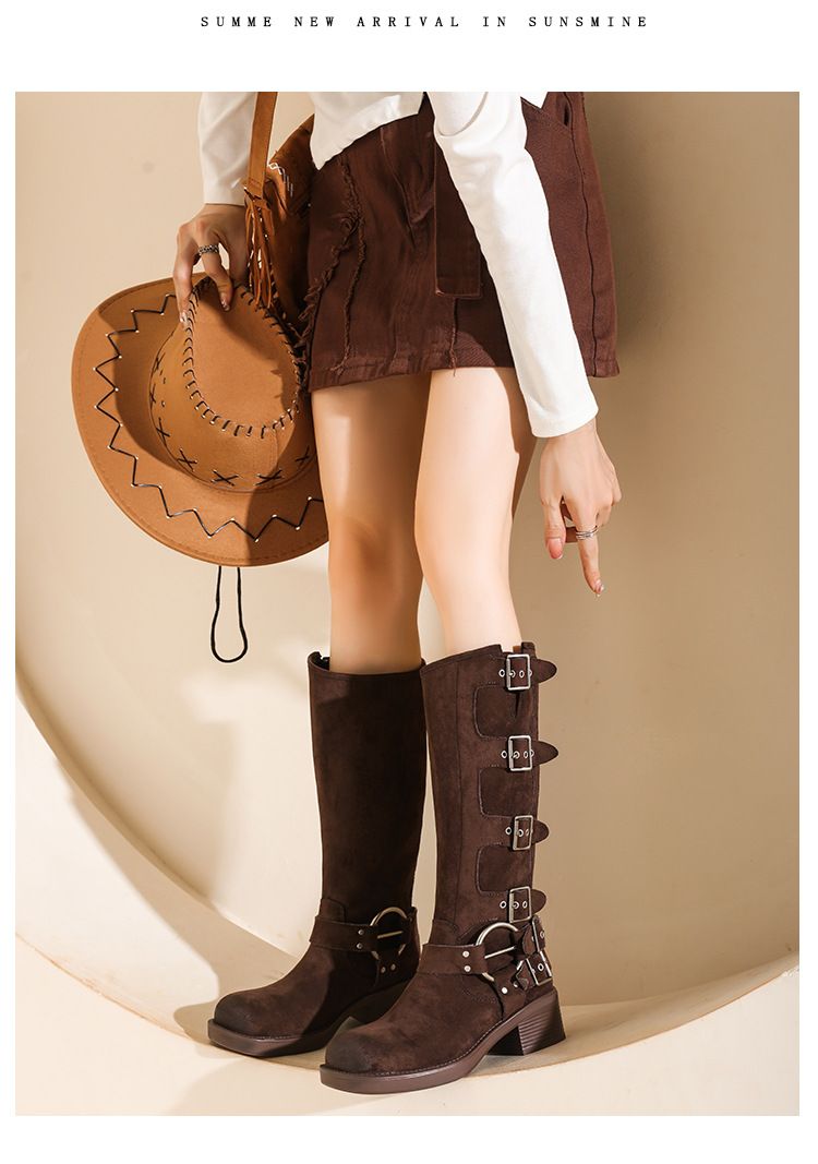 Suede cowhide suede MIU family knight belt buckle high, knee length boots, brown western cowboy boots_voghion.com