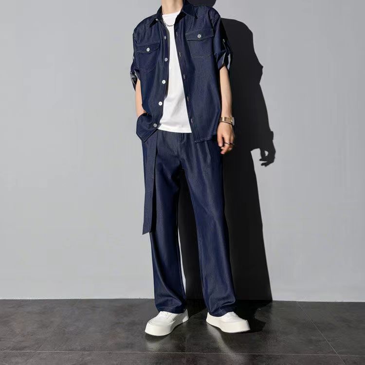 Men's Clothing Denim Shirt Suit Men's Five Point Sleeves Fashionable And Casual Loose Trendy Two Piece Suit_voghion.com