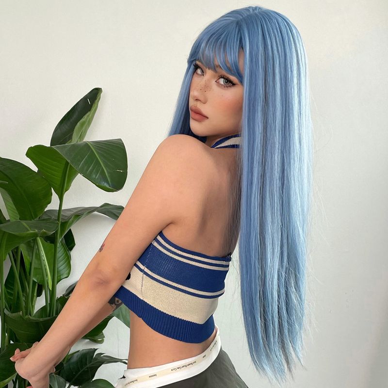 Parrucca sintetica lunga e dritta blu con meches cenere, parrucca cosplay con frangia, capelli naturali quotidiani per donne, fibra resistente al calore_voghion.com