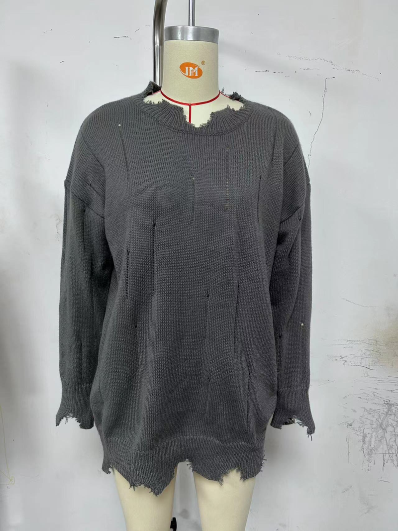 Damen Frühherbst neuer lockerer Pullover Damen handgemahlener Woll-Rundhalspullover_voghion.com
