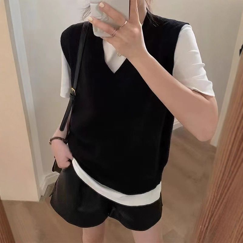 Gestreifter Strickpullover mit V-Ausschnitt für Damen, einfarbig, ärmellos, Weste für Damen_voghion.com