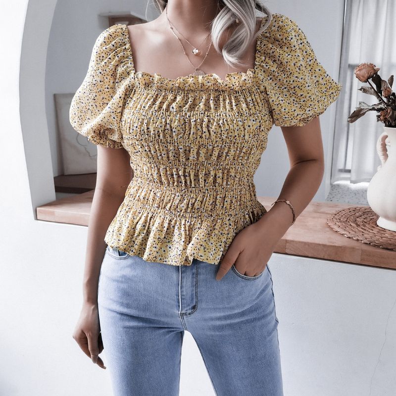 Sommer-Chiffonbluse mit quadratischem Ausschnitt und Laternenärmeln, Rüschen und Blumenmuster, Damenbekleidung_voghion.com