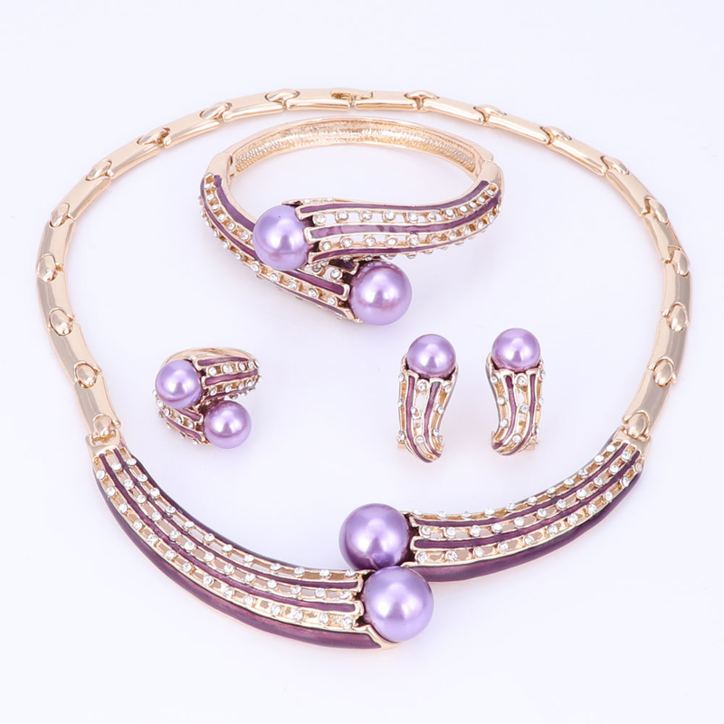 Collar de perlas simuladas de cristal para dama de honor de boda para mujer, pendientes colgantes, brazalete, anillo, conjunto de joyería para disfraz de fiesta_voghion.com