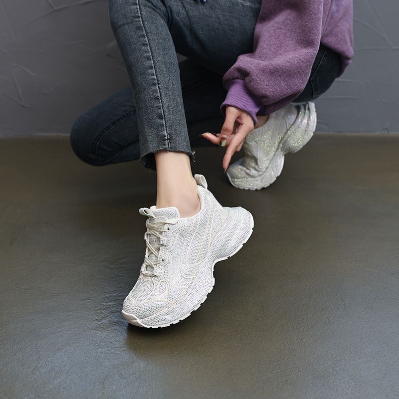Starry Sky Water Explosion Street Style Women's Doubles Lace 2025 Thick Bottom Full Diamond Luxury Casual Dad Shoes_voghion.com