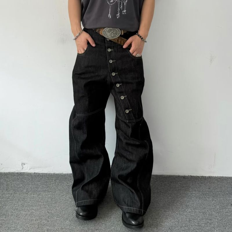 American Style Curved Long Button Design Men, Niche Casual Pants, Loose Wide-Leg Floor-Length Jeans For Men_voghion.com