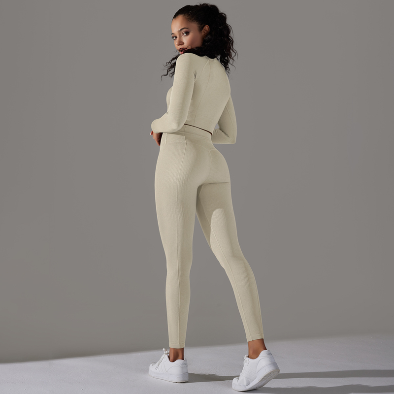 Women's Jacquard Yoga Dress Long Sleeve Suit High Waist Hip Tights Fitness Sportswear_voghion.com
