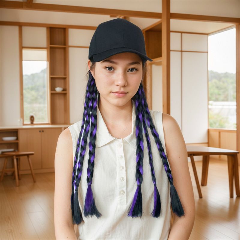 Parrucca da donna con coda di cavallo in capelli sintetici resistenti alle alte temperature e berretto da baseball - Nero, marrone scuro, marrone chiaro, marrone scuro e mèches colorate_voghion.com