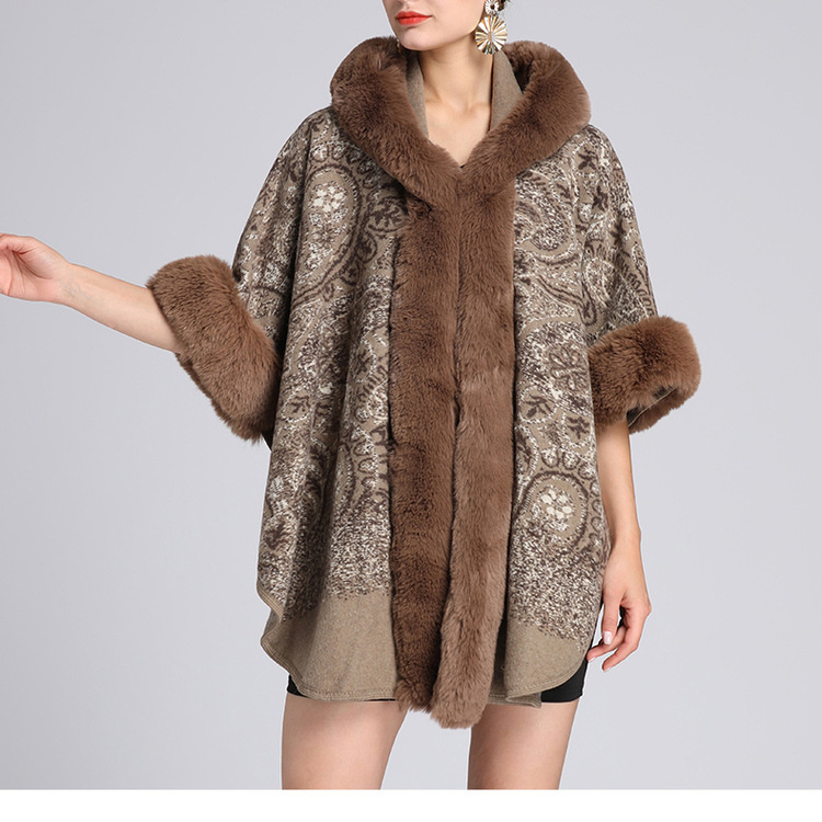 Cardigan in lana di grandi dimensioni con collo a scialle con cappuccio jacquard in pelliccia di coniglio rex di nuovo stile per donna_voghion.com