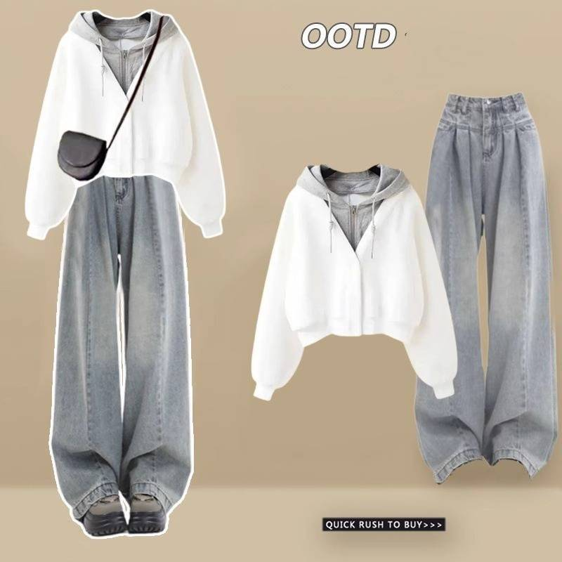 Dametøj Ny college-stil hættejakke denimbukser med vide ben i to dele_voghion.com