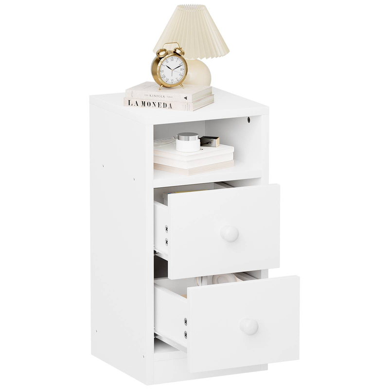 Set mit 2 weißen Nachttischen – 25 x 30 x 60 cm, laminierte Spanplatte, 2 Schubladen + offenes Regal, minimalistischer Nachttisch (weiß)_voghion.com