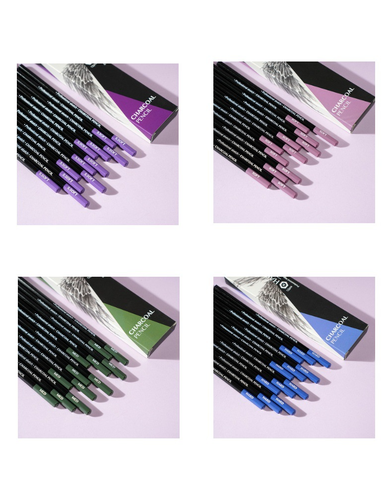Professional Sketch Charcoal Pencils Set - 12PCS Soft/Medium/Hard/Extra Soft Charcoal Pencils For Artists, Drawing & Sketching (Wooden)_voghion.com