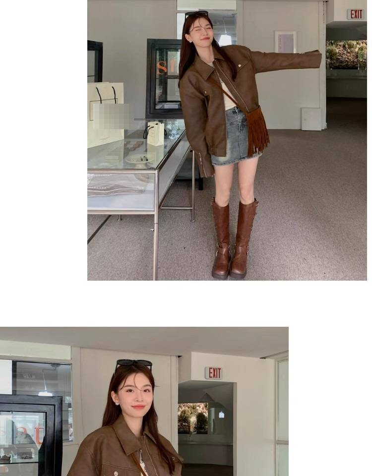 Vintage Braune PU-Lederjacke für Damen, Slim Fit Kurzer Bikermantel mit Reißverschluss, Retro Casual Oberbekleidung_voghion.com